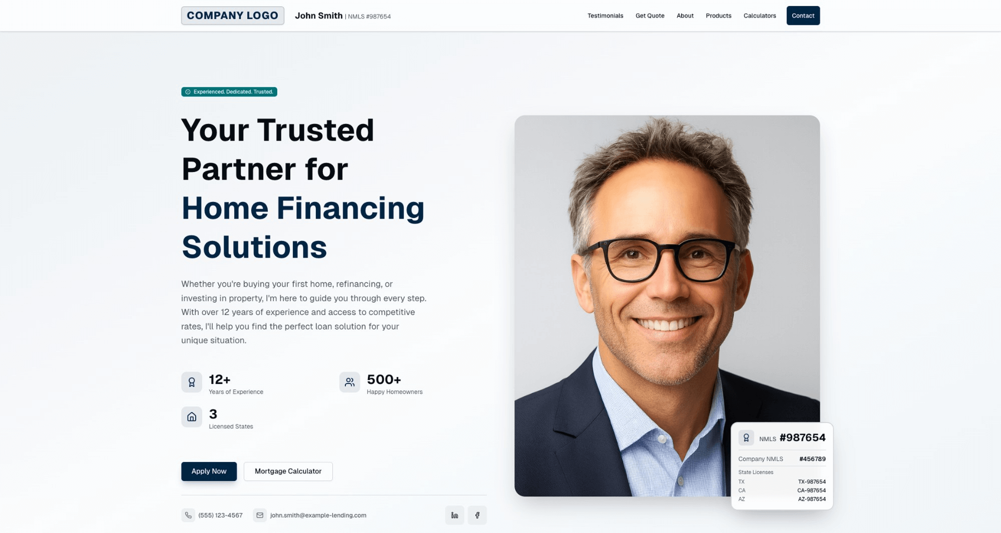 Professional loan officer website example featuring modern responsive design, NMLS credentials, verified client testimonials with 5-star ratings, integrated mortgage calculator, and lead capture contact forms built by IvyLead